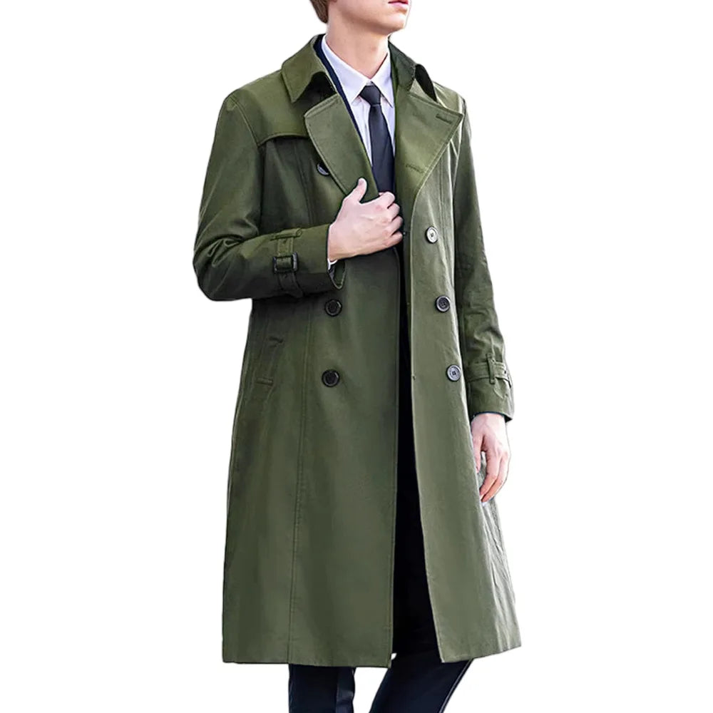 New Men's Autumn Casual Lapel Double-breasted Mid-length Overcoat Male Classic Solid Outdoor Trench Coat Classic Windbreaker