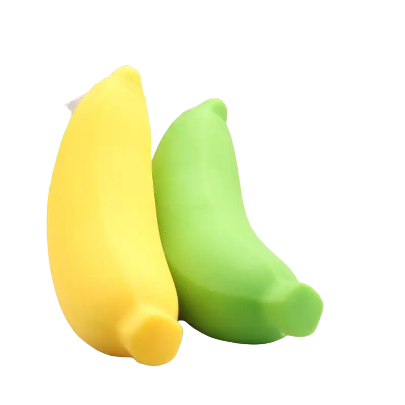 Yellow and green banana-shaped silicone slow rising squishy stress reliever toys viewed from the front