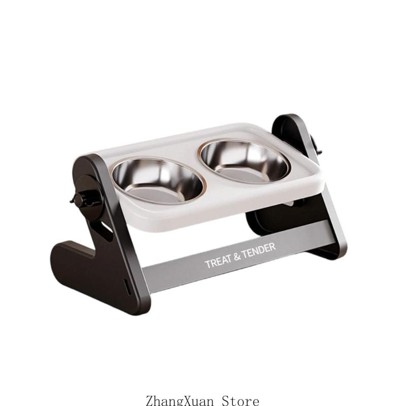 Height adjustable stainless steel pet feeding station with two bowls set in a white and black plastic base featuring the treat and tender brand name on a silver accent bar.