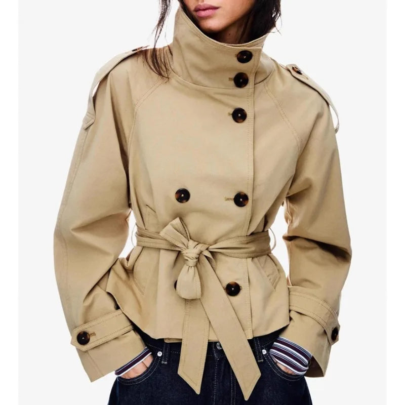 Spring Autumn Trench Coat Women Jacket Double-breasted Belted Outerwear Lapel Long Sleeve Windbreaker Design Coat Outerwear