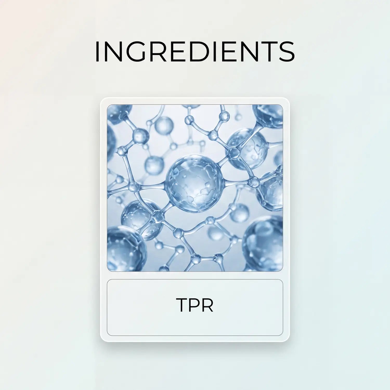 A sleek white rectangular label on the back side of a squishy dumpling stress ball finished goods features the word ingredients at the top, tpr below, and a translucent blue molecular structure illustration in the center.