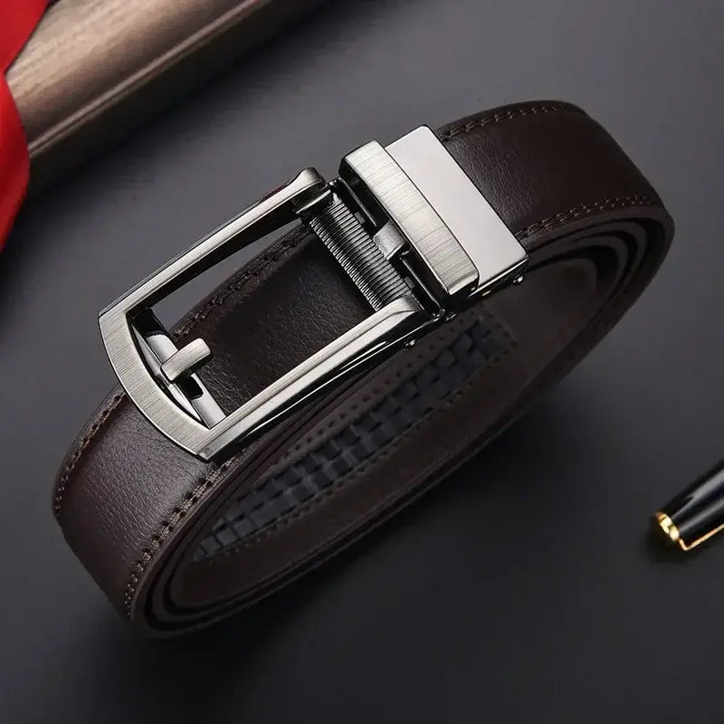 Brown leather mens automatic belt with a sleek brushed silver-toned automatic buckle.