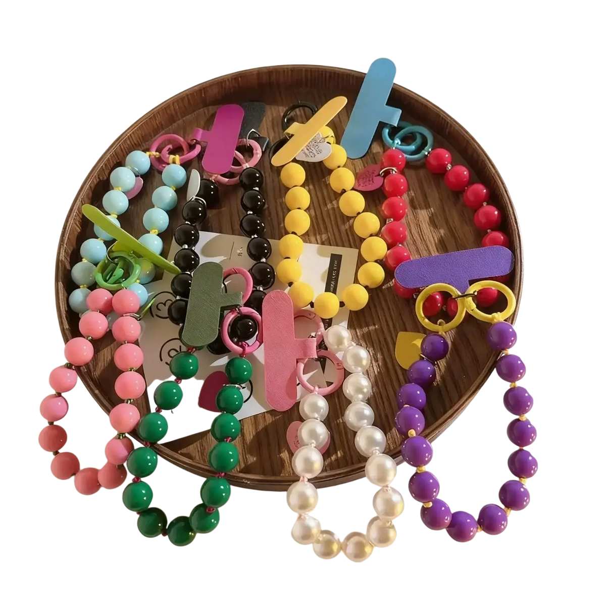 Beaded phone wrist strap with colorful beads and playful letter-shaped metal clasps shown from a front view