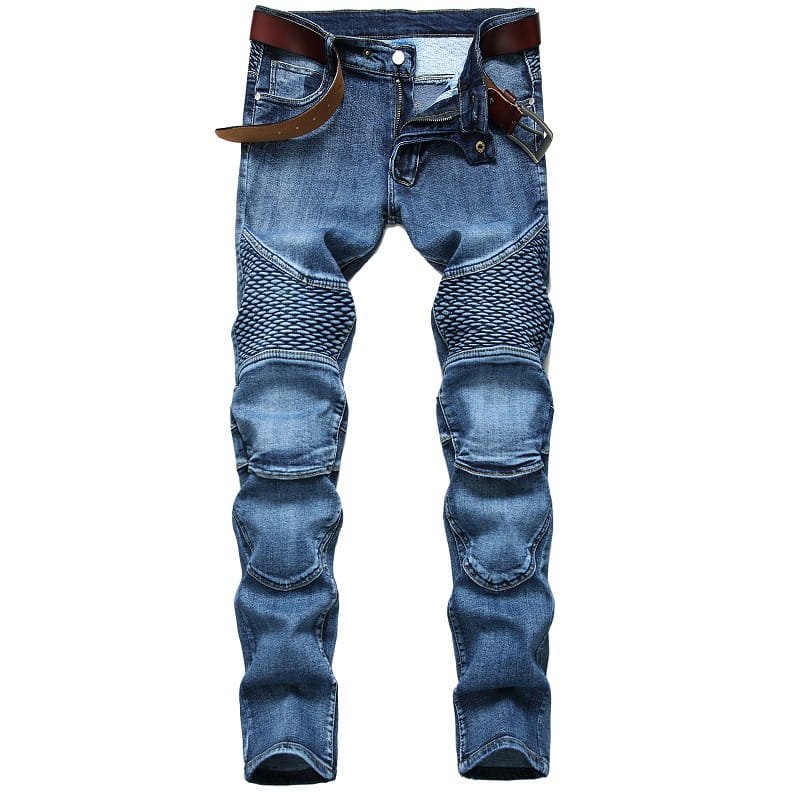 Men’s protective motorcycle denim jeans in blue with reinforced textured knee patches and a brown leather belt.