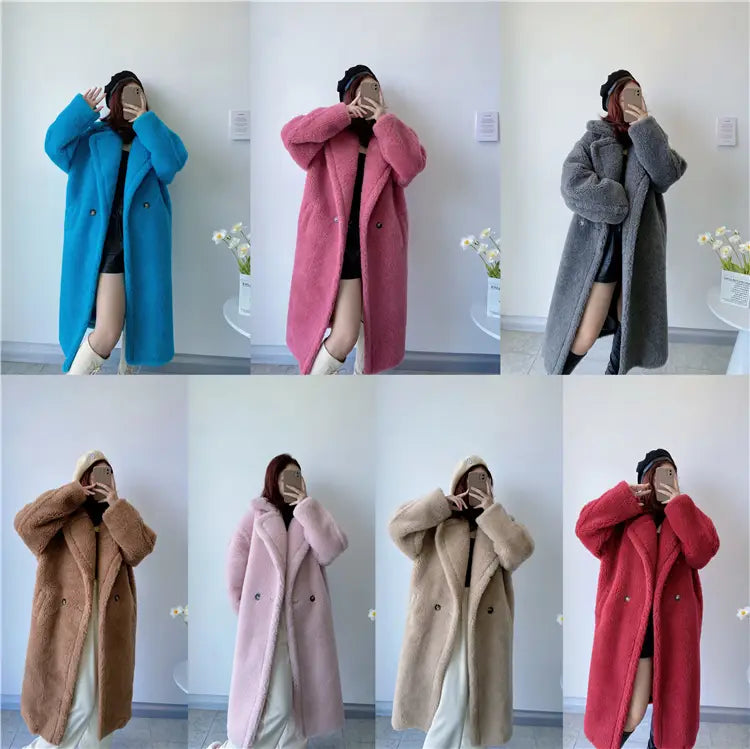 Abrigo exterior tipo osito de peluche largo para mujer de lana en colores vibrantes azul rosa, gris, marrón, beige y rojo, con una textura esponjosa acogedora, adecuado para medir el contorno de pecho y el contorno de cadera, con excelente soporte de servicio de atención al cliente.