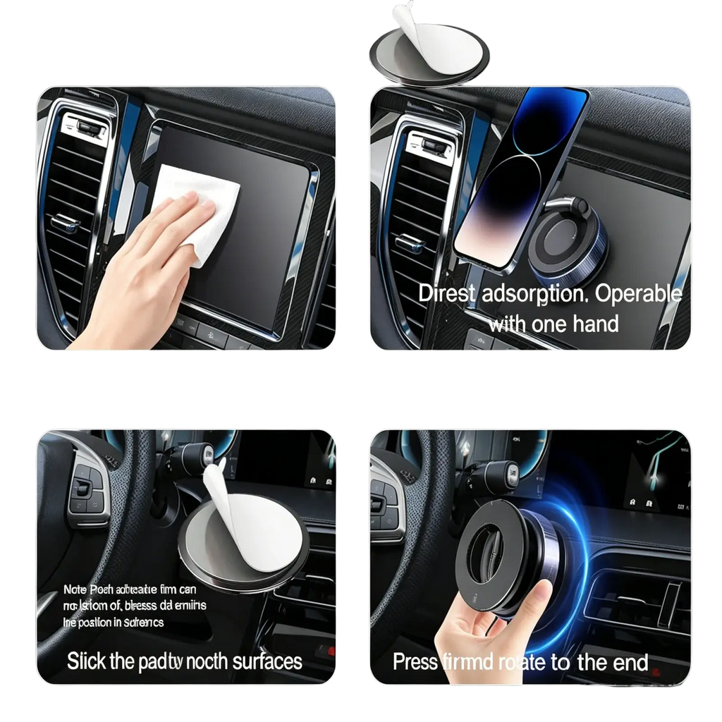 Black magnetic car phone holder with suction pad base for smooth surfaces and 360° rotatable mobile phone mount
