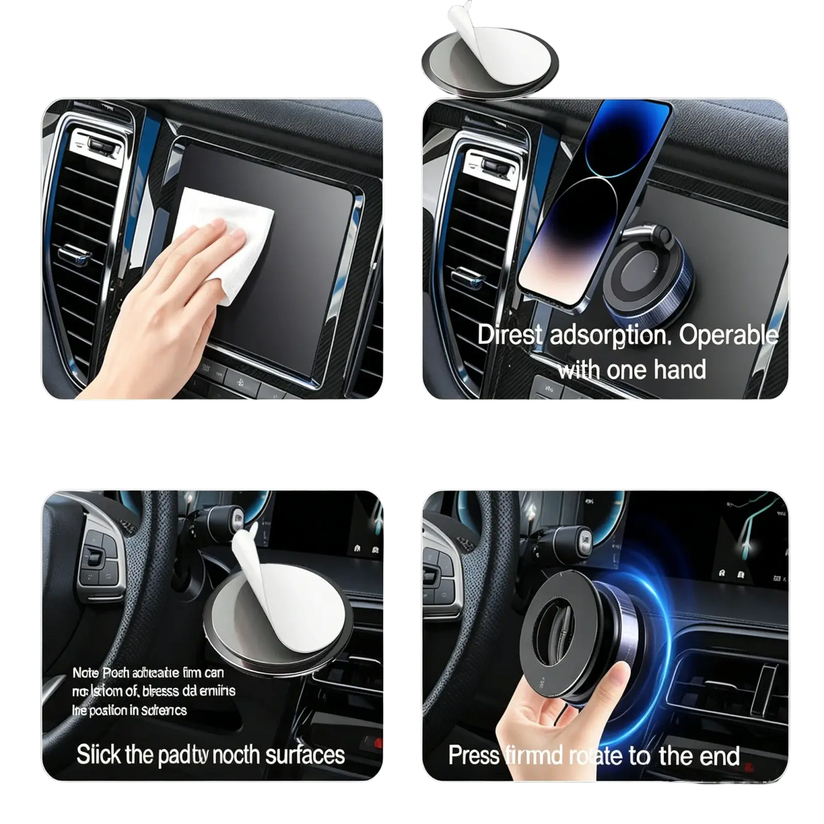Black magnetic car phone holder with suction pad base for smooth surfaces and 360° rotatable mobile phone mount