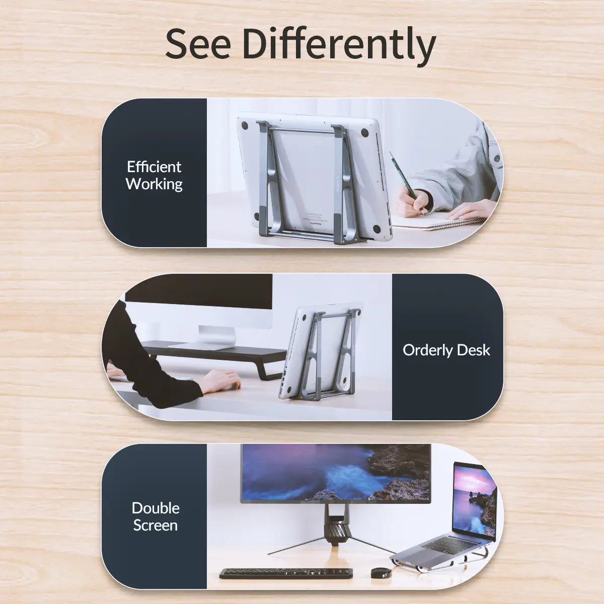 Silver metallic Orico portable aluminum laptop stand with adjustable height and slim profile shown from the back side