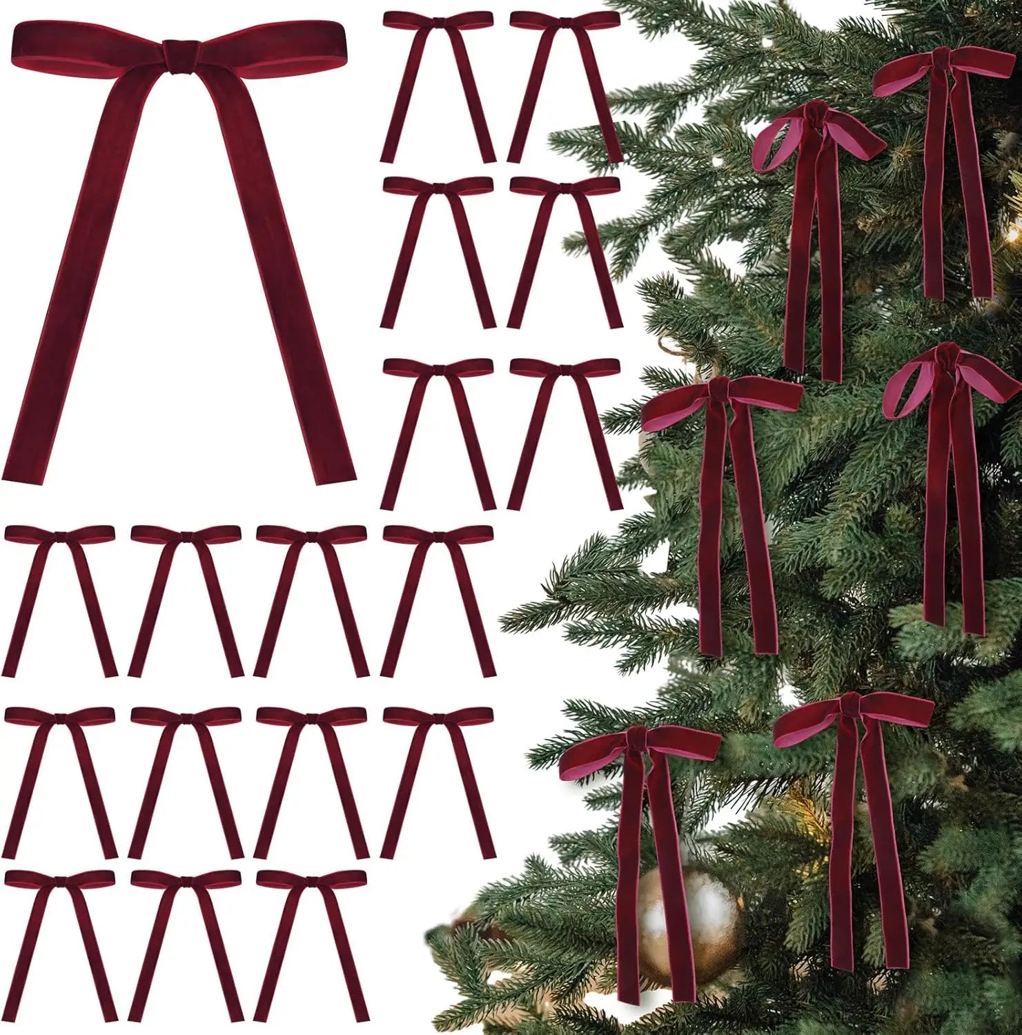 Tiefrote Samtschleifen, Stück; Samtschleifen ordentlich an einem Weihnachtsbaum angeordnet als Samtschleifen-Weihnachtsbaum-Ornamente