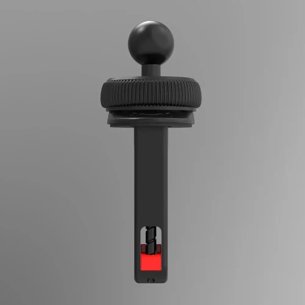 Soporte universal para teléfono en rejilla de ventilación del automóvil negro con cabeza de bola de 17 mm, pomo texturizado y mecanismo interno rojo, visto desde un ángulo frontal.