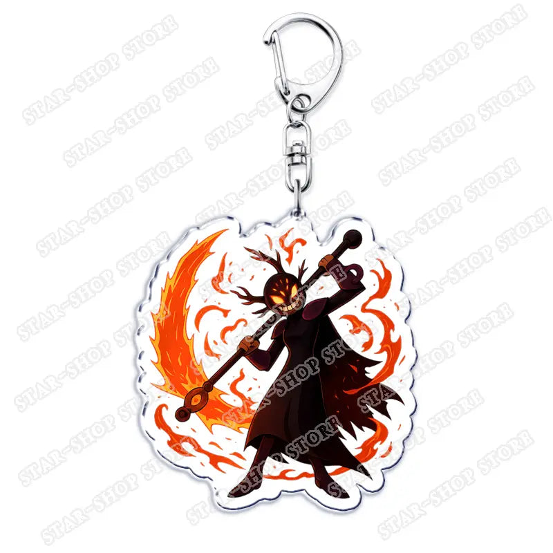 Amphibia anime black flame-themed acrylic keychain featuring a character with antlers and glowing eyes holding a staff.