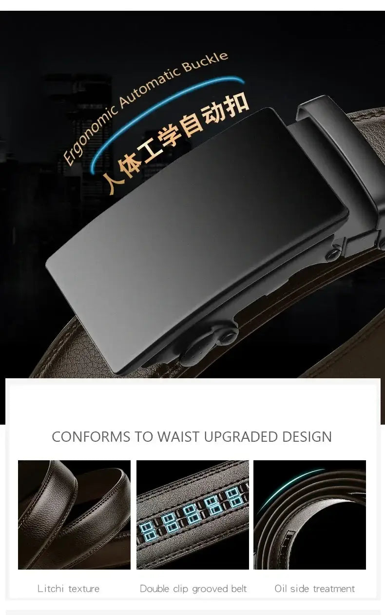 Cexika men brown leather automatic buckle belt featuring a black ergonomic automatic buckle with a sleek matte finish and integrated belt strap.