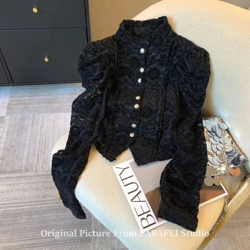 Woman Blouses Shirts & Blouses Lace Crocheted Bubble Sleeve Shirt Women's Spring Plus Velvet Padded  Semi-high Collar Blouse