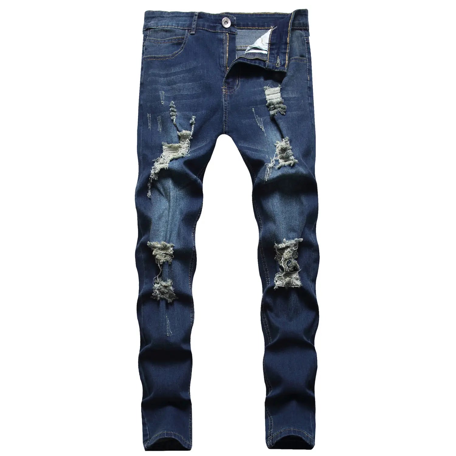 Männer rissen schmale Jeans, gefertigt aus dunklem, distressed Denim mit gezielten Rissen und ausgefransten Kanten.