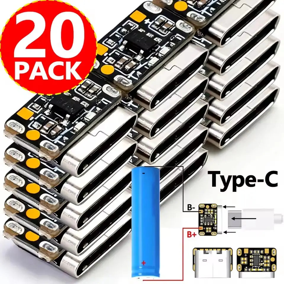 silver usb-c battery charging boards with black printed circuitry and yellow capacitors for 18650 li-ion cells featuring trickle charge functionality in a 20-pack