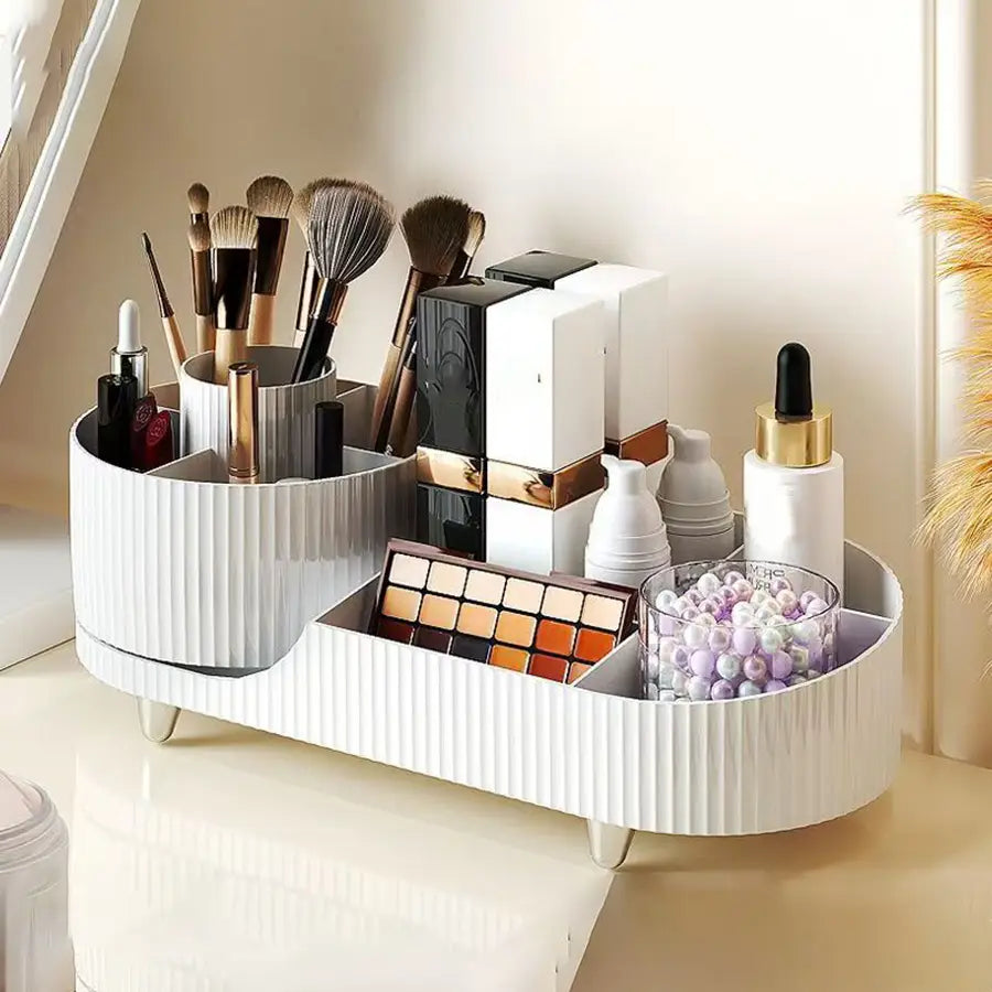 weißer gerippter Kunststoff-Dreh-Make-up-Organizer, Kosmetik-Display-Gehäuse mit mehreren Fächern zur Aufnahme von Pinseln, Paletten und Beauty-Produkten im modernen Stil, Aufbewahrungsbox-Design