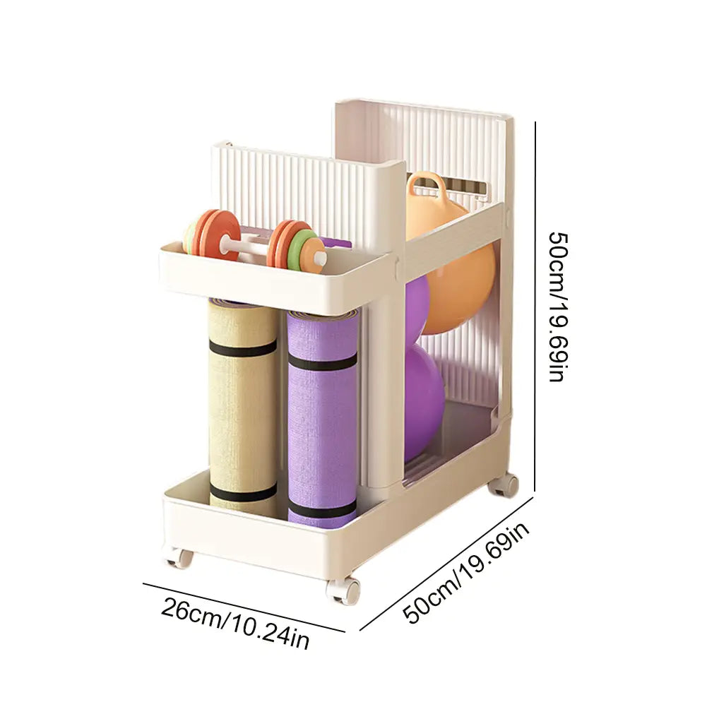 Beige plastic two-tier rolling gym equipment storage cart with vertical slatted sides and four small wheels for easy mobility.