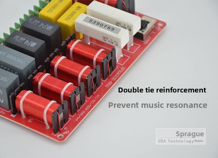 Red printed circuit board with red coiled inductors, black and grey capacitors, yellow and white components featuring double tie reinforcement text in a 5-way speaker crossover for high power KTV stage audio.