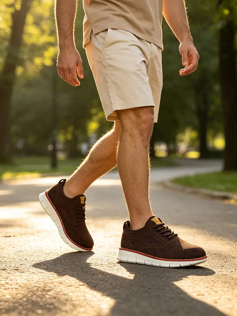 Zapatillas casual de punto marrones para hombre con suelas blancas y sutiles acentos rojos; presentan un diseño transpirable para caminar y para el uso diario.