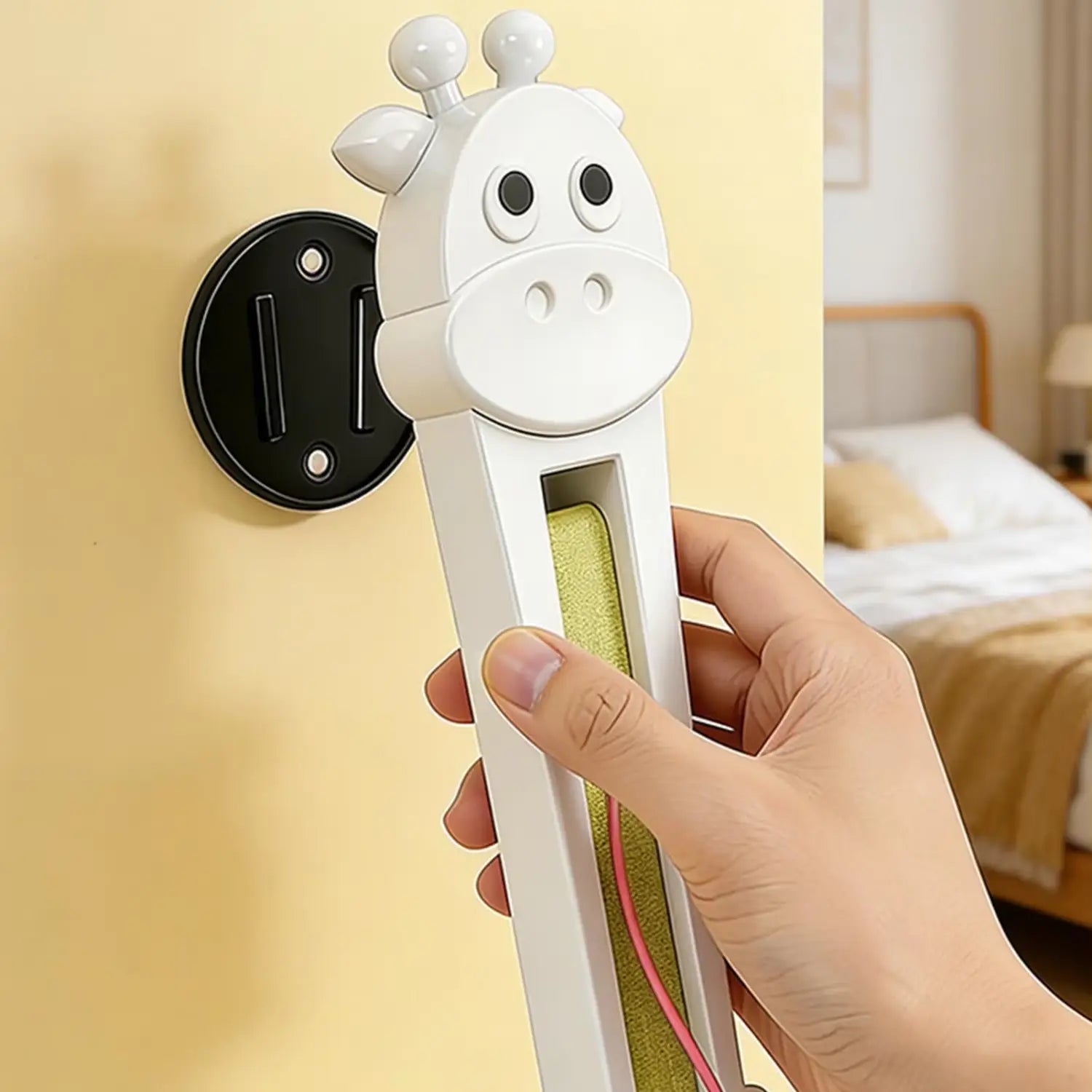 white plastic giraffe-shaped wall-mounted cable organizer with green and pink cords pulled from its slot designed as an automatic interactive cat toy and interactive cat toy accessory.