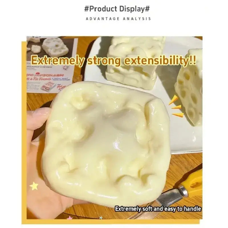 Cream-colored soft silicone stress relief cheese squishy toy with textured lotus root pattern for squeezing