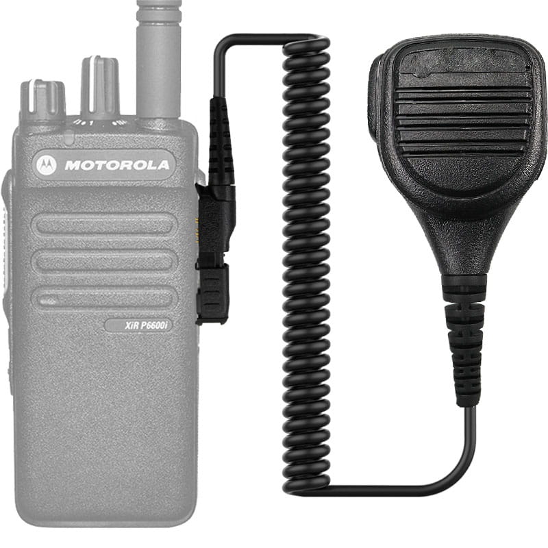 Black coiled cable connecting a Motorola PMMN4076A speaker microphone to a Motorola XIR P6600 radio handheld microphone.