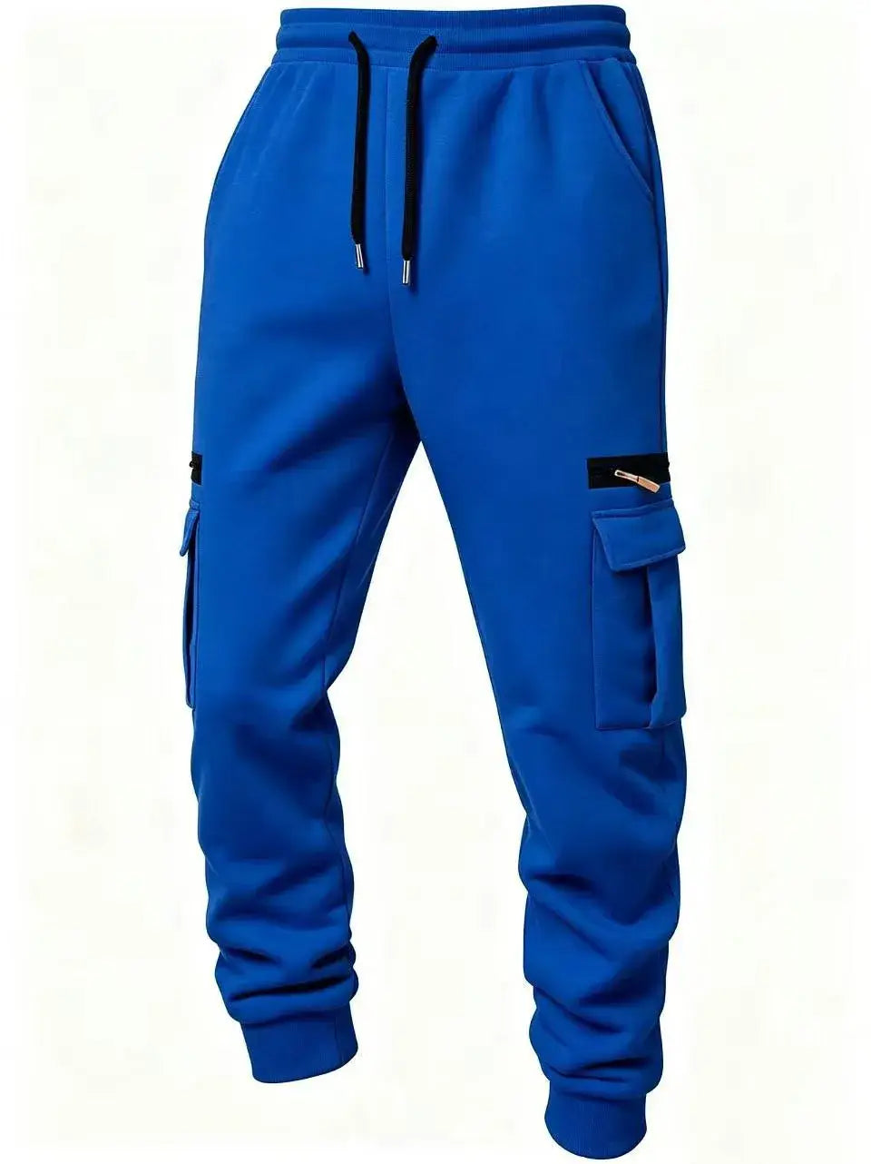 Joggers décontractés, amples, droits et bouffants d’hiver en bleu roi éclatant pour hommes, avec des cordons de serrage noirs et des poches avec empiècements zippés.