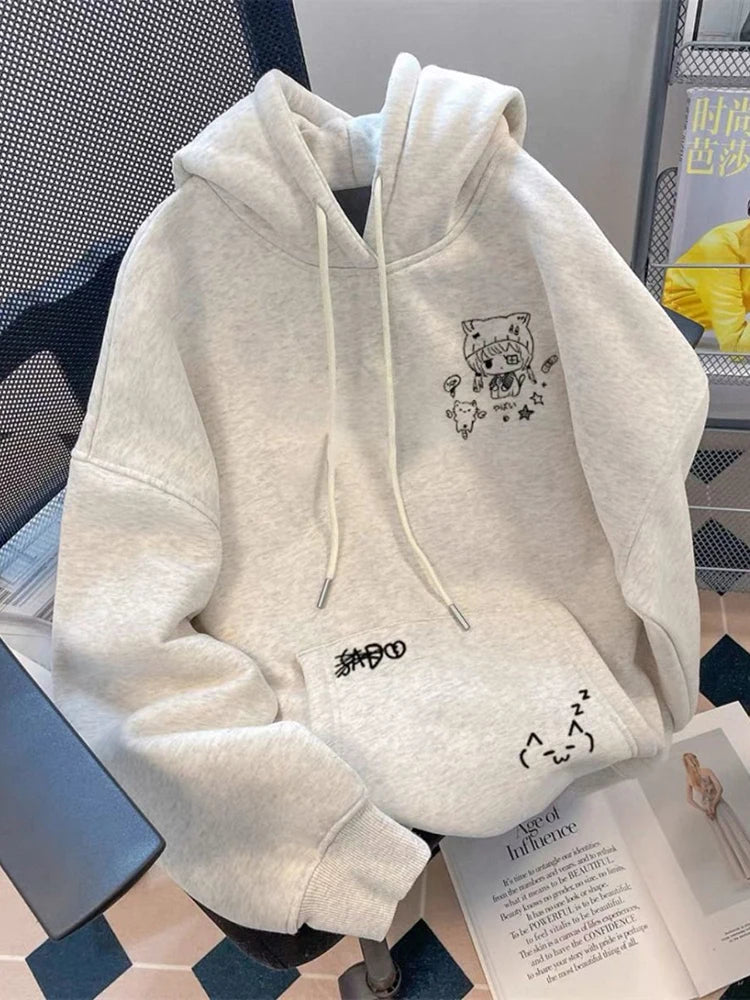 Cartoon Kawaii Hoodies Women Thick Warm Long Sleeve Loose Cute Sweatshirts Fall Winter Preppy Style Pockets Harajuku Female Tops