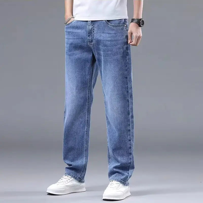 men fleece lined winter jeans loose straight denim pants in light-wash blue with classic stitching and a straight-leg cut designed for warmth and comfort.