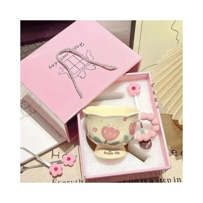 340mI birthday gift for girls, girlfriends, souvenir, water cup, tulip ceramic cup, high-end gift box, flower mug.