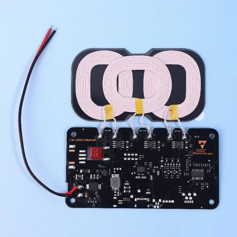 black wireless charging pad with three pink coiled coils and visible circuit board underneath showing the back side of the 20w wireless charger module for car and home use.