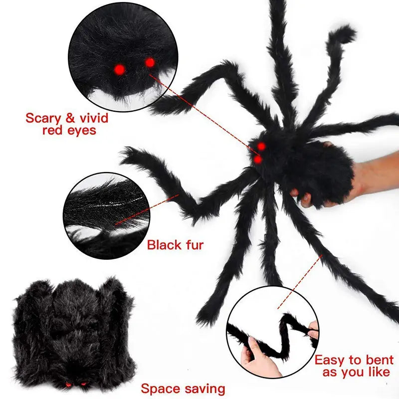 fausse araignée duveteuse noire aux yeux rouges lumineux et aux pattes souples, présentée sur une toile d’araignée géante pour une décoration d’Halloween, vue de face