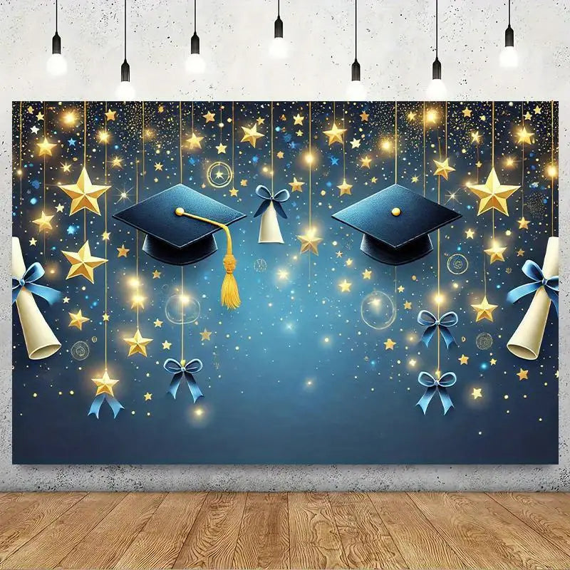 Blue graduation party backdrop featuring sparkling gold and silver stars, hanging diplomas tied with blue ribbons, and a golden tassel.