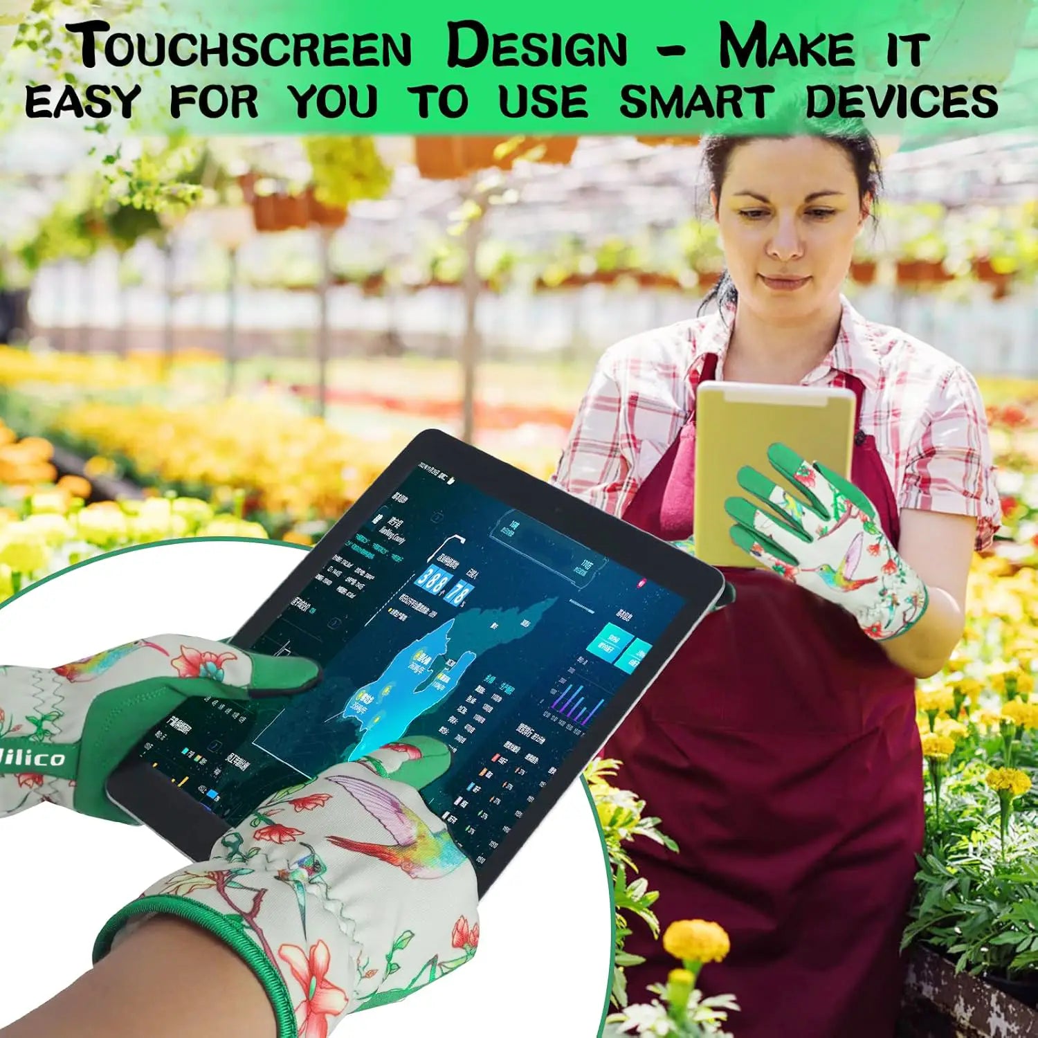 Floral touchscreen gardening gloves for women with green fingertips and wrist straps designed for touchscreen use and featuring a floral pattern.