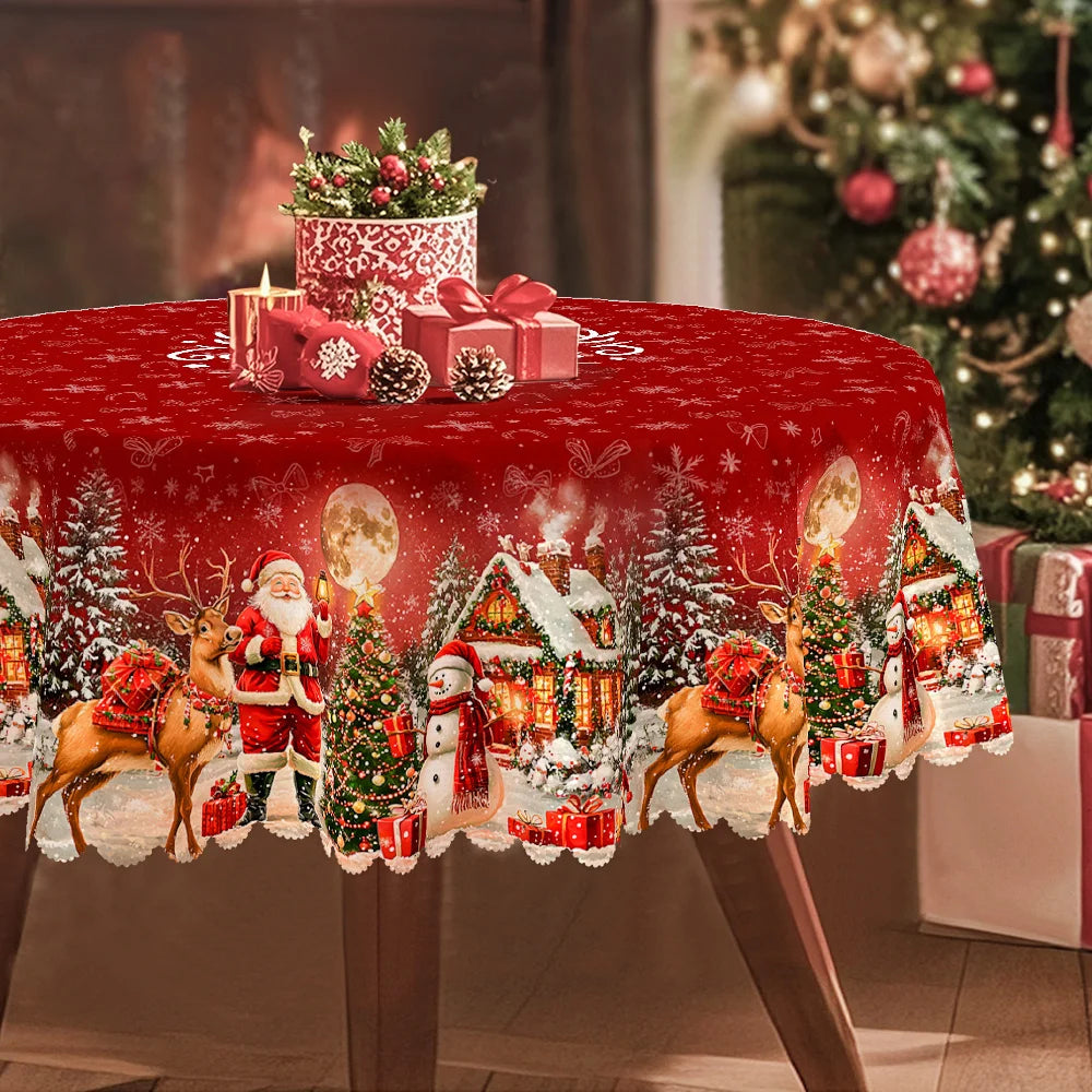 Christmas, winter ice tablecloth, red and white decorations, Christmas tree and Santa Clauszyc