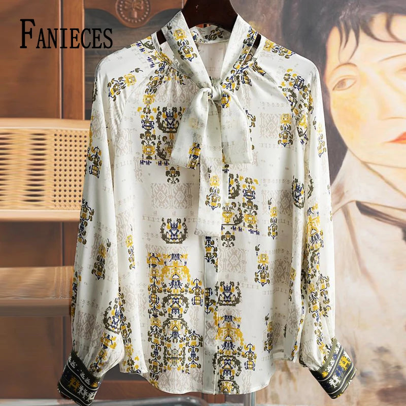 Women's Chiffon Blouses And Shirt Summer Tops Elegant Bow-tie Long Sleeve Casual Blouse Elegant OL Workwear Vintage Print Blusas