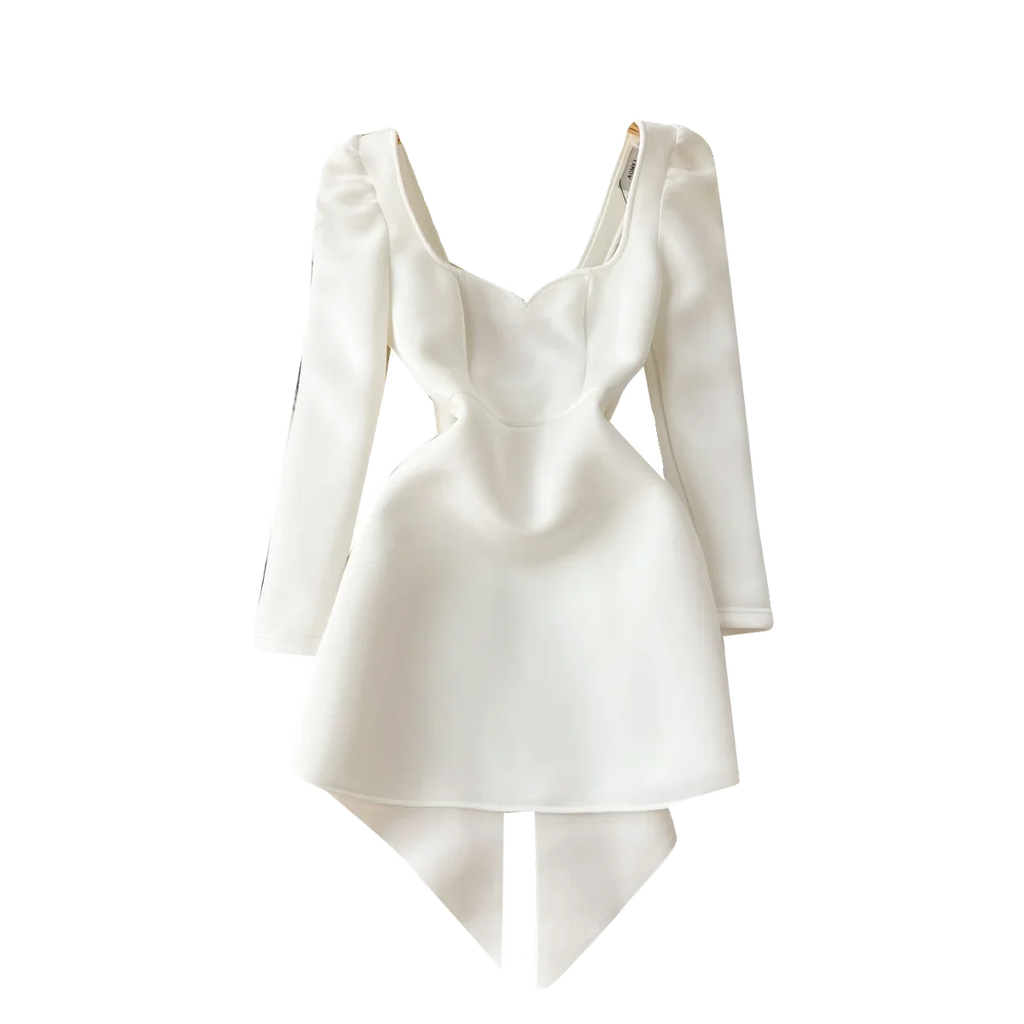 White Wedding Dress For Women Hollowed Out Backless Bow Decoration Short Dresses Waist Cinched Bubble Long Sleeve Fall Dress