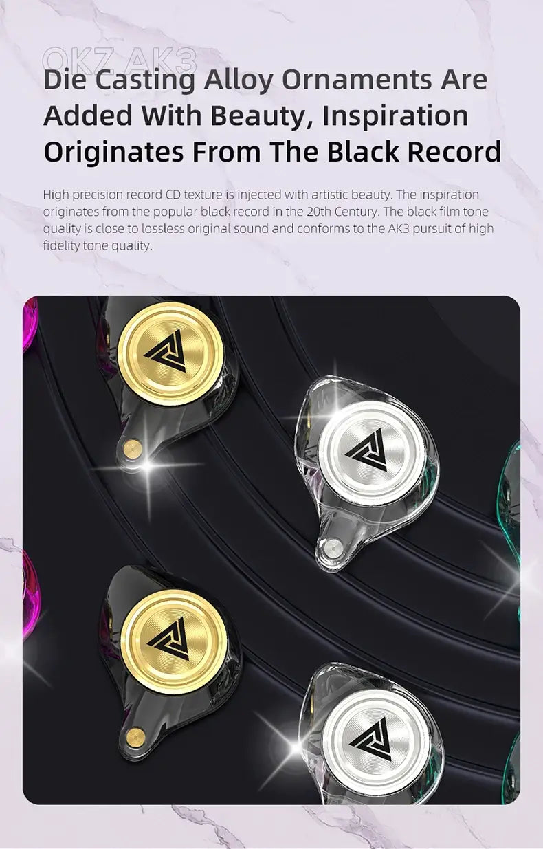 Casques intra-auriculaires Qkz AK3 plaqués d’un alliage moulé sous pression or et argent, avec un design inspiré d’un disque noir pour une écoute audio haute fidélité