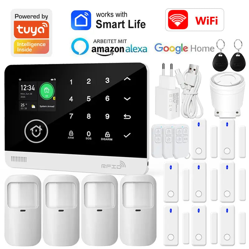 Panneau du système d’alarme de sécurité pour maison intelligente RFID blanc avec écran tactile et clavier, avec logos de compatibilité pour Tuya Smart, l’application Smart Life, Amazon Alexa, Google Home et le Wi-Fi.