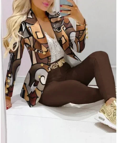 2026 Women Formal Jacket & Trousers Office Lady Outfits Autumn Women Two Pieces Set Print Blazer Coat & Pants Suit Sets Female