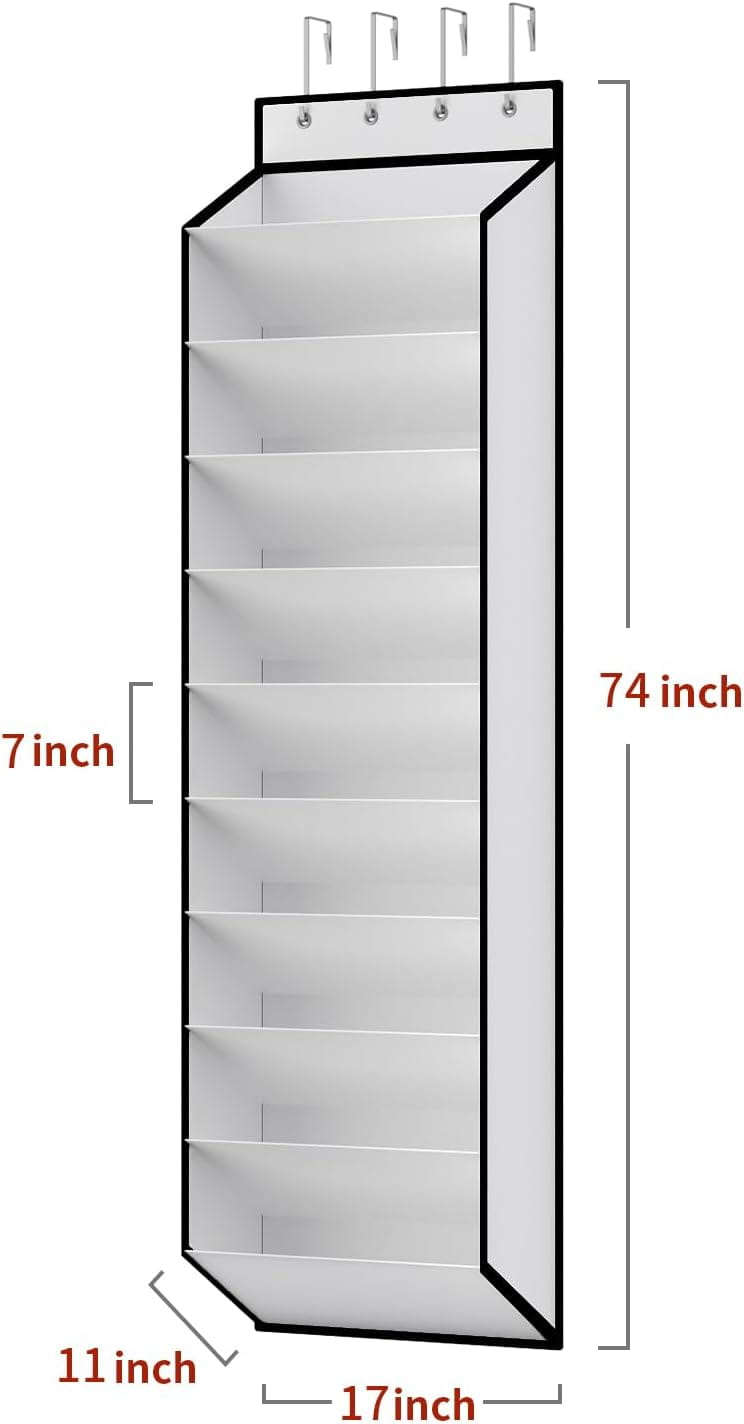 Organisateur de chaussures en tissu blanc au-dessus de la porte, avec dix emplacements suspendus et un système de crochet monté en partie supérieure pour un rangement efficace des chaussures au-dessus de la porte