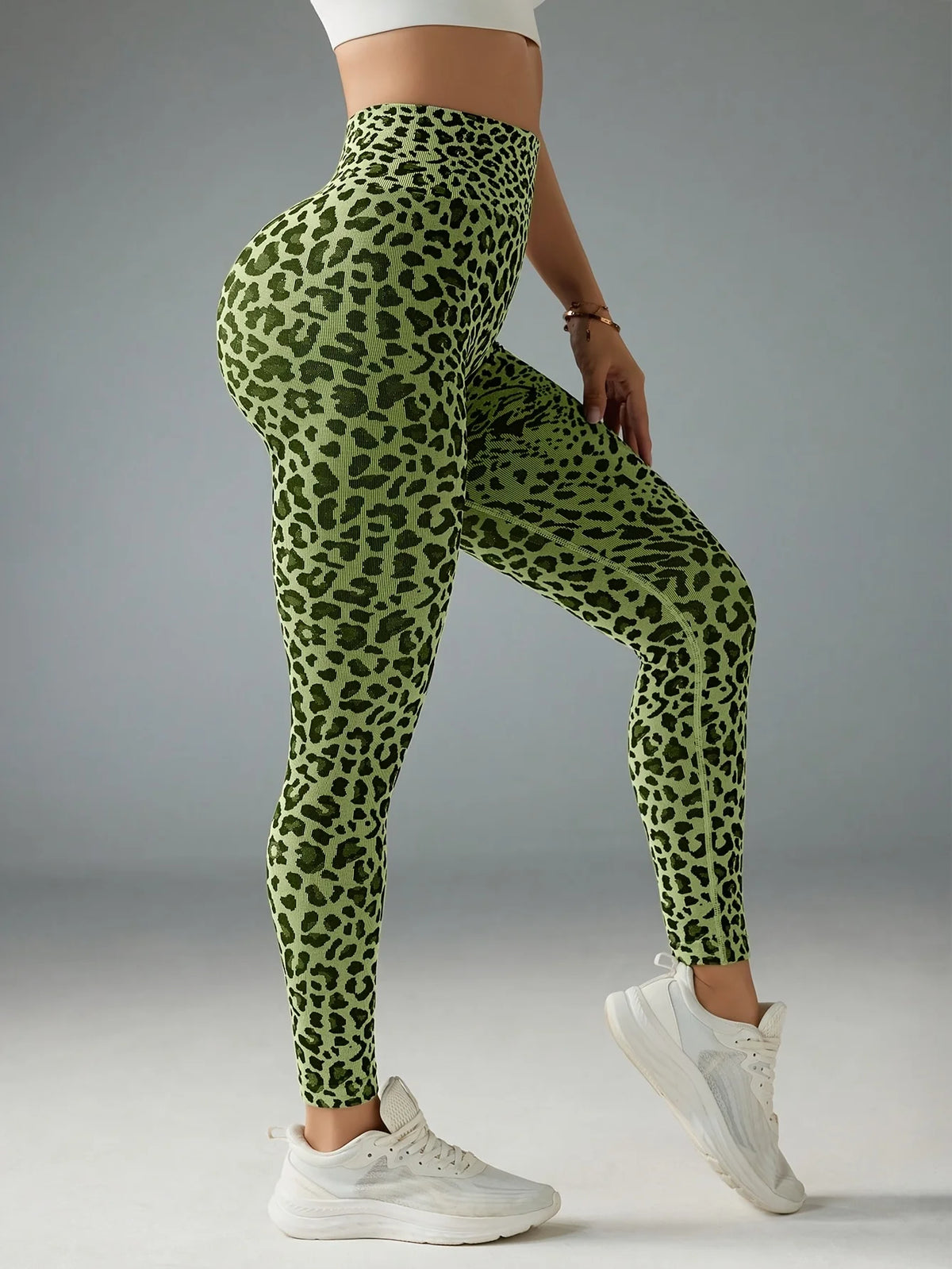 Women Green Leopard Print Fleece Lined Leggings Mid Waist Stretch Fitness Yoga Sports Pants