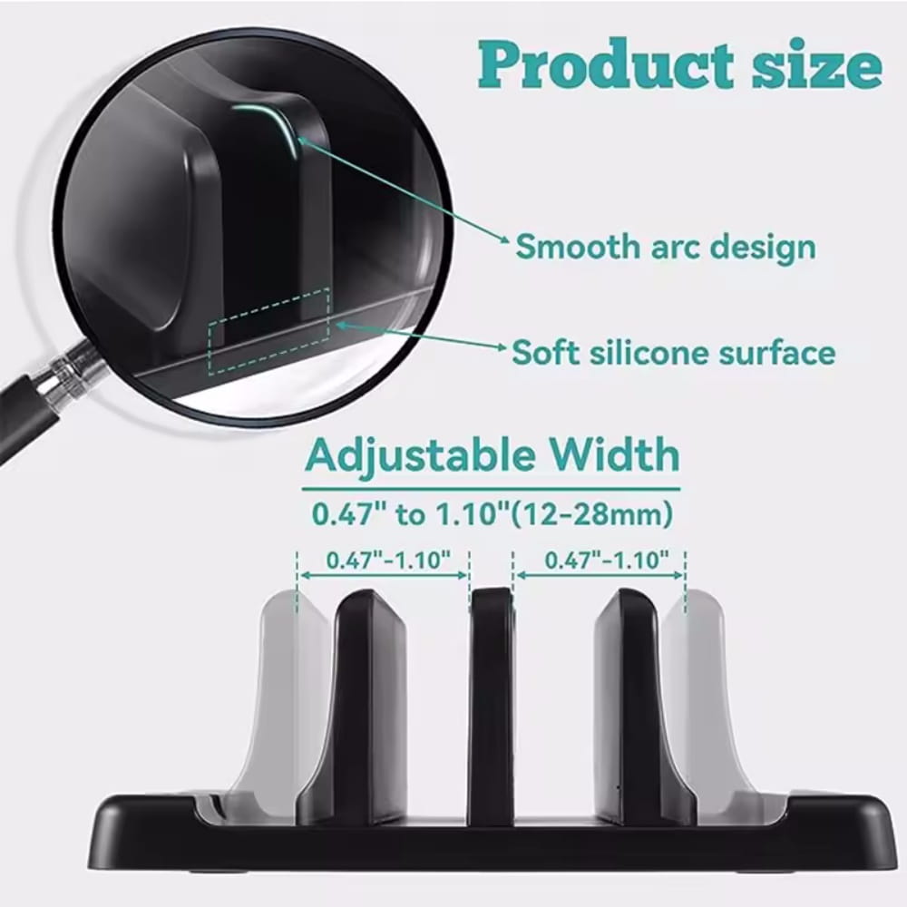 Black silicone tablet stand with smooth arc design and adjustable width for customizable opening size.