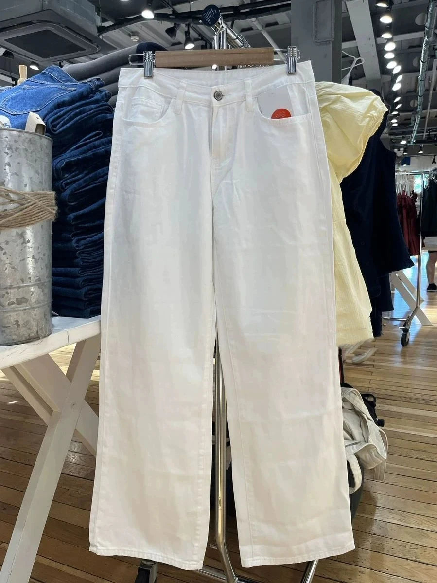 Simple Basic White Jeans Women Summer Back Pockets Cotton Straight Denim Long Pants Female Casual Vintage All-match Trousers Y2K