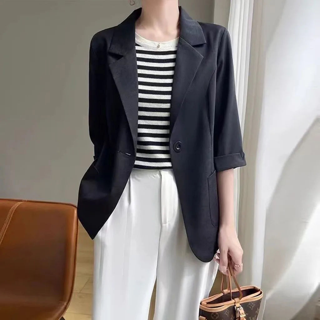 Women White 3/4 Sleeve Blazer Elegant Office Business Suit Jacket Loose Pocket Formal Workwear Ladies Casual O