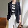 Women White 3/4 Sleeve Blazer Elegant Office Business Suit Jacket Loose Pocket Formal Workwear Ladies Casual O