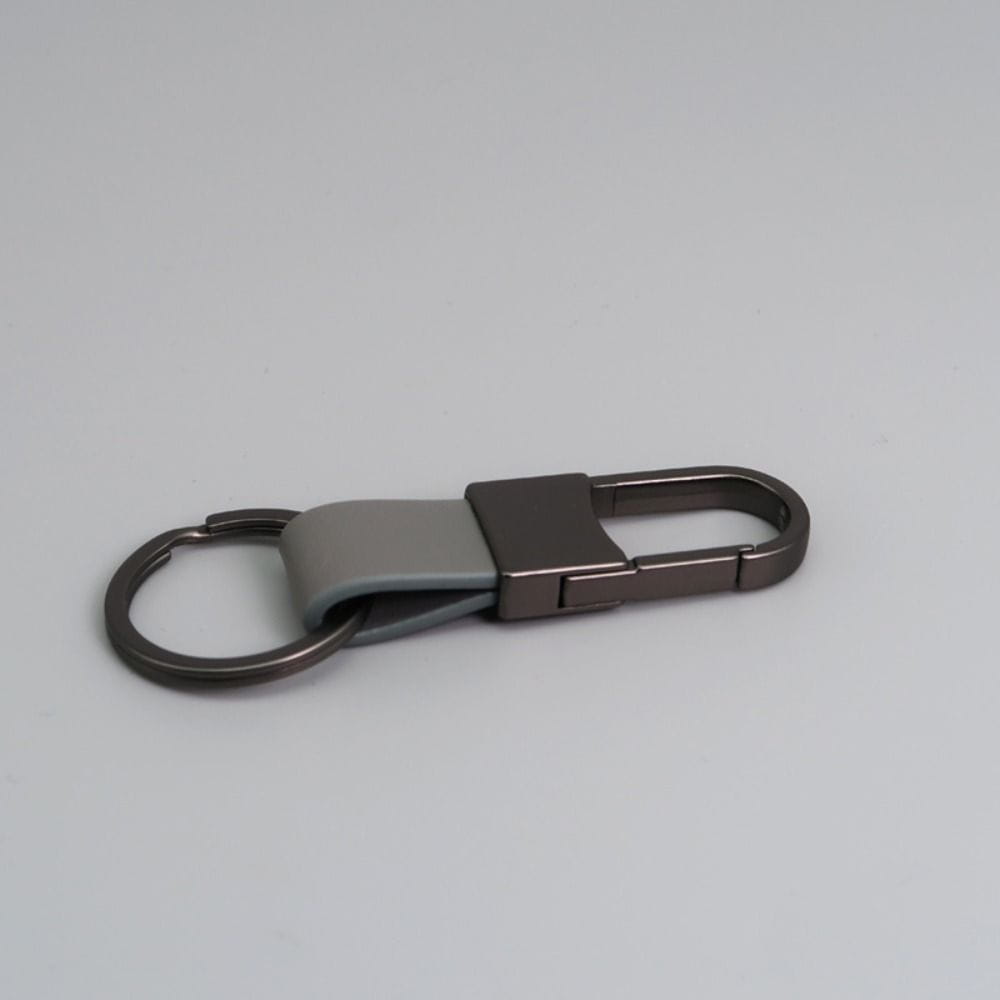 Dark gray metal leather keychain carabiner with a minimalist design featuring a matte-finished clip and a matching leather strap for anti lost waist ring use.