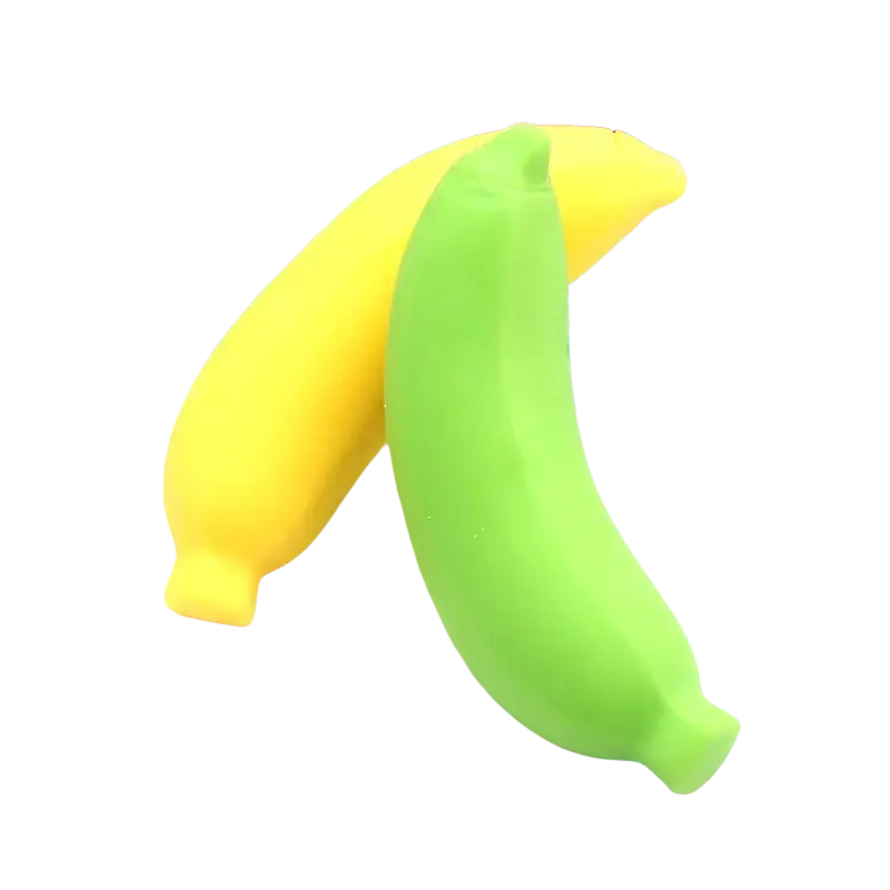 Two silicone banana toys in yellow and lime green shaped like realistic fruit for stress relieving squeeze use