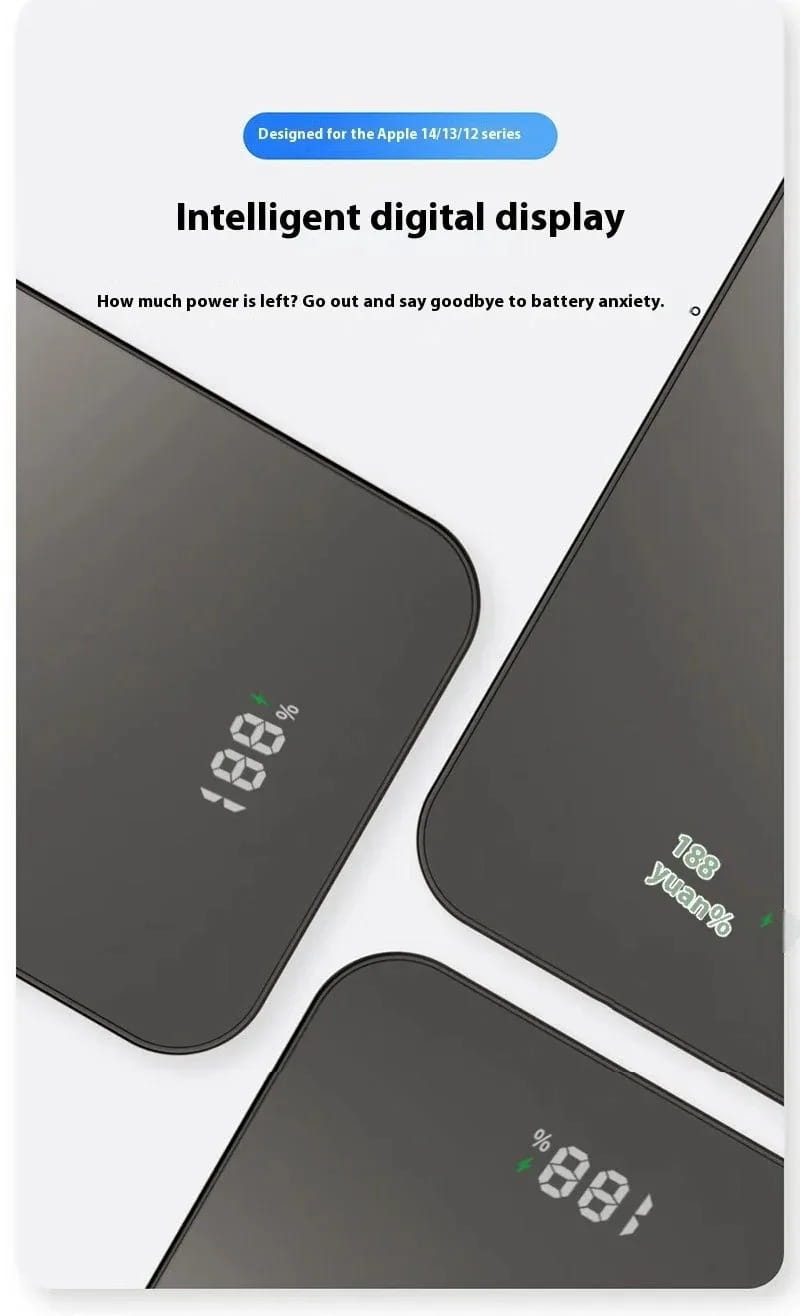マグネット式モバイルバッテリー20000mAh 急速充電向けに設計されたブラックの長方形デジタル電池残量インジケーター。Apple 14 13 12シリーズの各種デバイスに対応