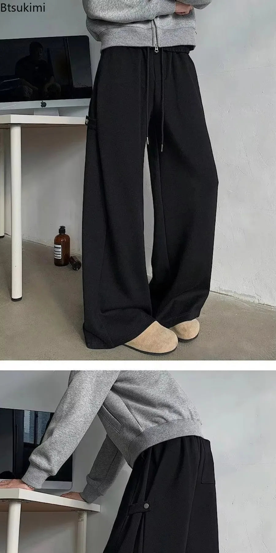 Men's Casual Wide Leg Pants Grey Black High Street Loose Fit Spring Autumn Heavy Weight Straight Tube Trousers for Men All Match